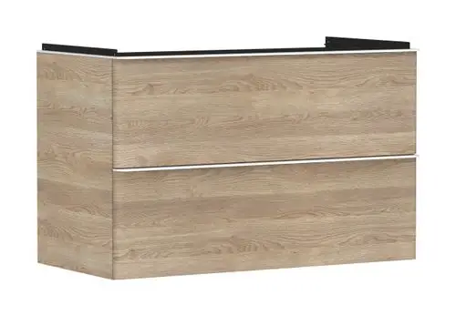 Waschtischunterschrank mit zwei Schubkästen in Holzoptik, hergestellt von Hansgrohe, ohne sichtbare Details zu den Maßen oder spezifischen Modellen.